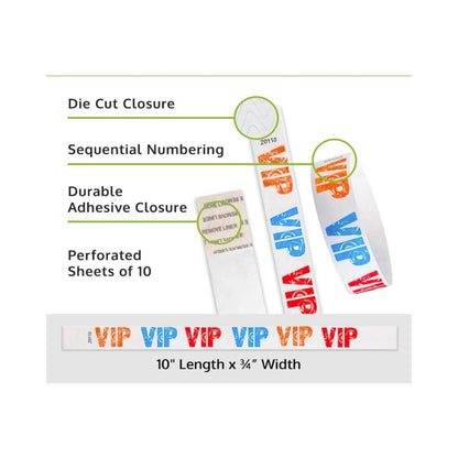 vip tyvek wristband detail product page showing the die cut adhesive closure, sequential numbering, perforated sheets of 10 and the dimensions.
