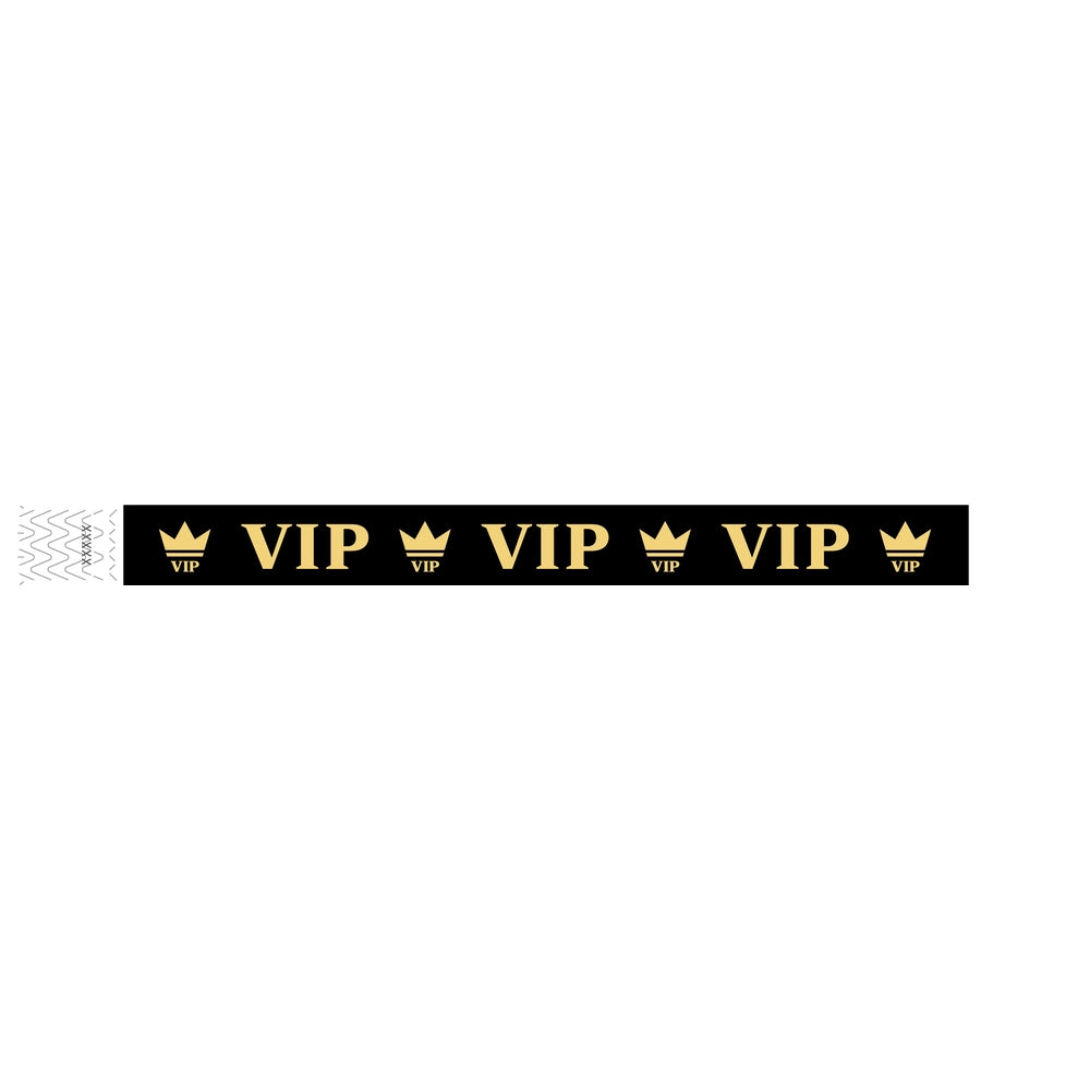 Black wristband with text "VIP" and a crown printed in gold - shown in flat