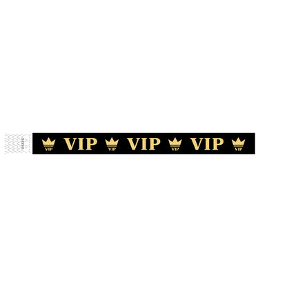 Black wristband with text "VIP" and a crown printed in gold - shown in flat