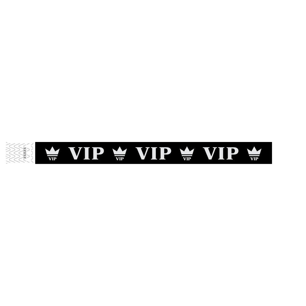 Black wristband with text "VIP" and a crown printed in silver - shown in flat