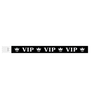 Black wristband with text "VIP" and a crown printed in silver - shown in flat