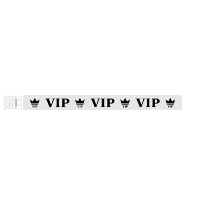 Silver wristband with text "VIP" and a crown printed in Black - shown in flat