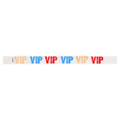 White wristband with colorful 'VIP' text in neon orange, neon blue and neon red colours - flat version shown