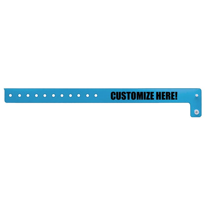vinyl edgeglow wristband in blue with black text "CUSTOMIZE HERE!" - flat version shown 