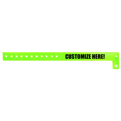 vinyl edgeglow wristband in green with black text "CUSTOMIZE HERE!" - flat version shown 