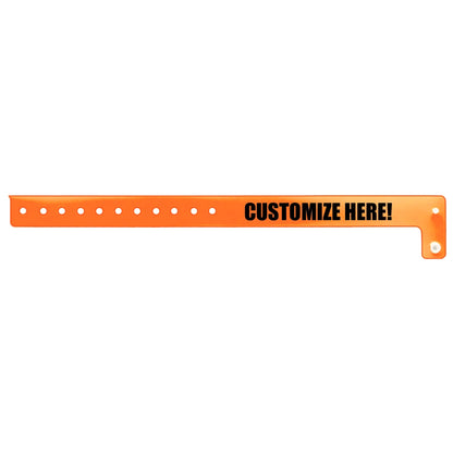 vinyl edgeglow wristband in orange with black text "CUSTOMIZE HERE!" - flat version shown 