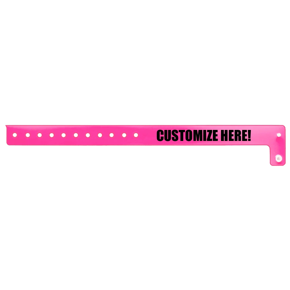 vinyl edgeglow wristband in pink with black text "CUSTOMIZE HERE!" - flat version shown 