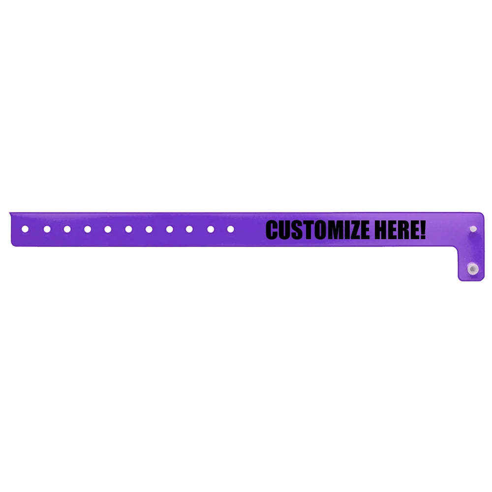 vinyl edgeglow wristband in purple with black text "CUSTOMIZE HERE!" - flat version shown 