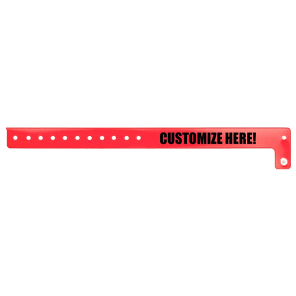 vinyl edgeglow wristband in red with black text "CUSTOMIZE HERE!" - flat version shown 