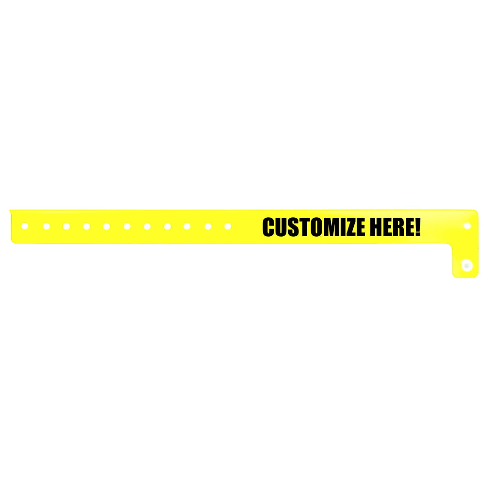 vinyl edgeglow wristband in yellow with black text "CUSTOMIZE HERE!" - flat version shown 