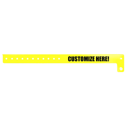 vinyl edgeglow wristband in yellow with black text "CUSTOMIZE HERE!" - flat version shown 