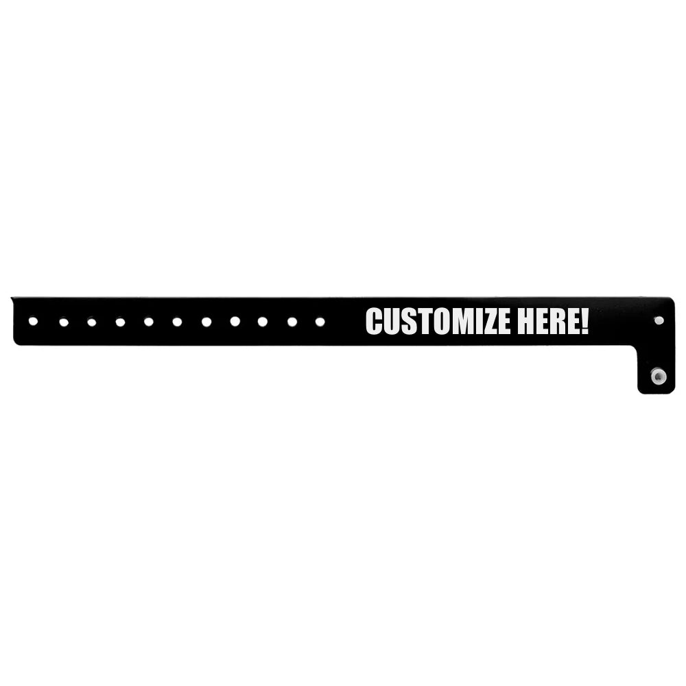 vinyl regular wristband in black with white text "CUSTOMIZE HERE!" - shown in flat 