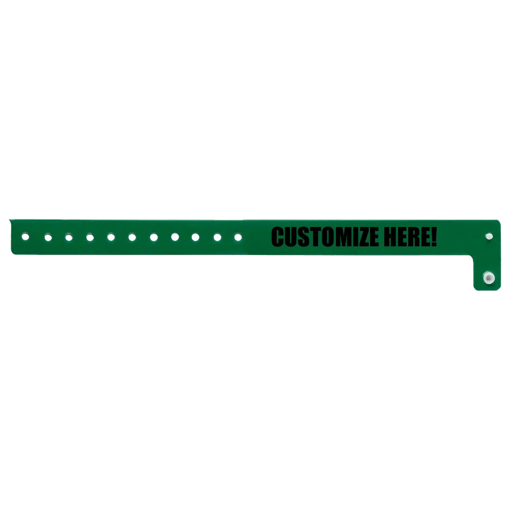 vinyl regular wristband in forest green with black text "CUSTOMIZE HERE!" - shown in flat 