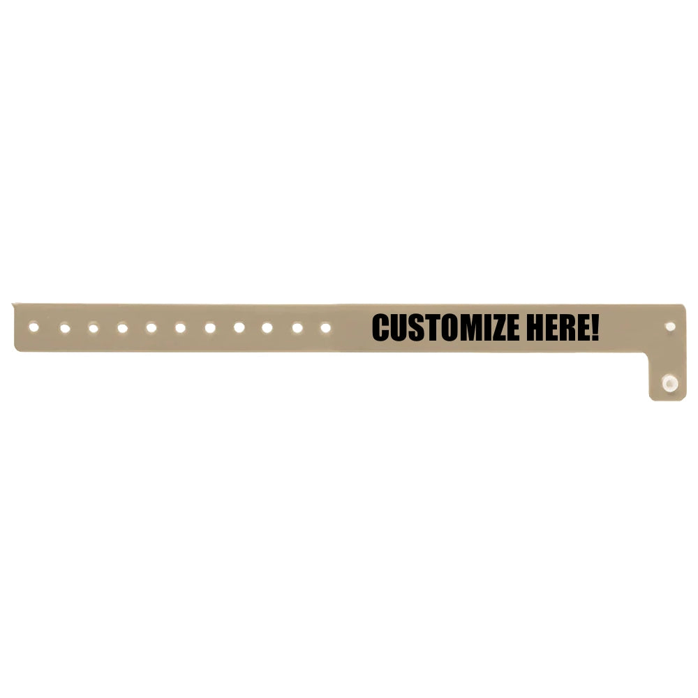 vinyl regular wristband in gold with black text "CUSTOMIZE HERE!" - shown in flat 