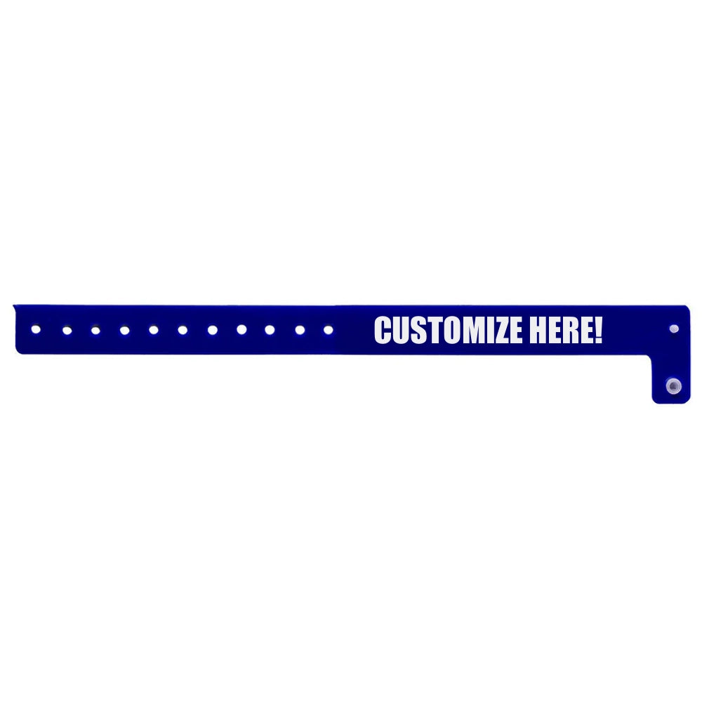 vinyl regular wristband in navy blue with white text "CUSTOMIZE HERE!" - shown in flat 