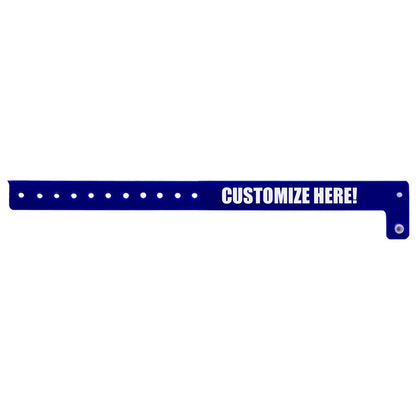 vinyl regular wristband in navy blue with white text "CUSTOMIZE HERE!" - shown in flat 