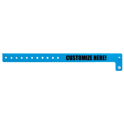 vinyl regular wristband in neon blue with black text "CUSTOMIZE HERE!" - shown in flat 