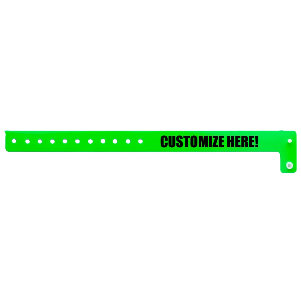 vinyl regular wristband in neon green with black text "CUSTOMIZE HERE!" - shown in flat 