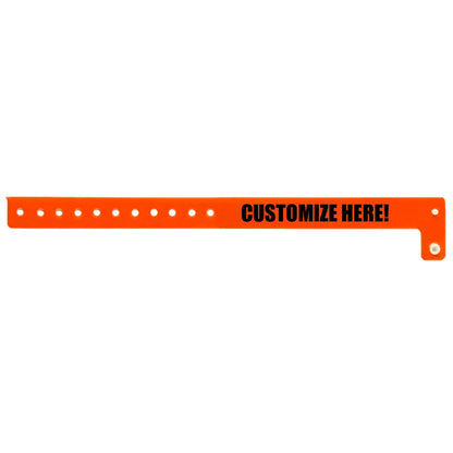 vinyl regular wristband in neon orange with black text "CUSTOMIZE HERE!" - shown in flat 