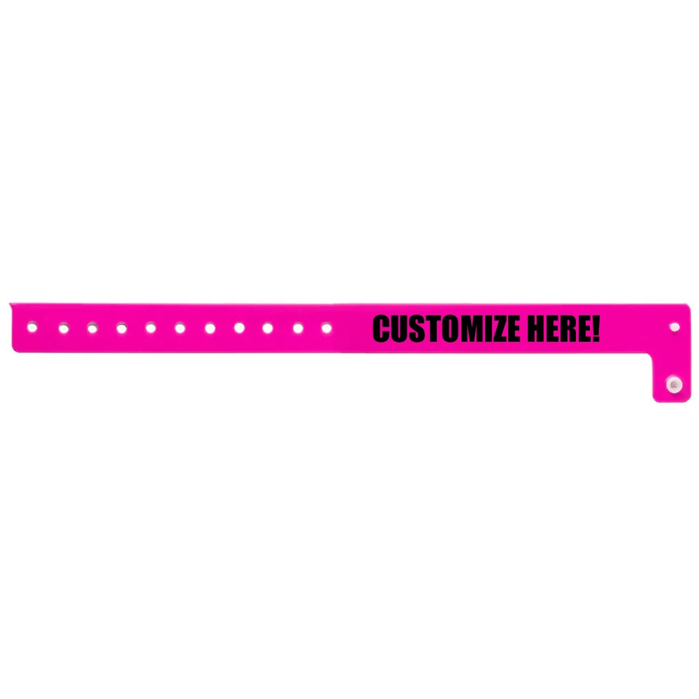 vinyl regular wristband in neon pink with black text "CUSTOMIZE HERE!" - shown in flat 