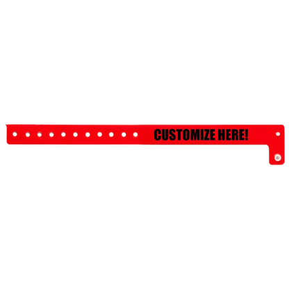 vinyl regular wristband in neon red with black text "CUSTOMIZE HERE!" - shown in flat 