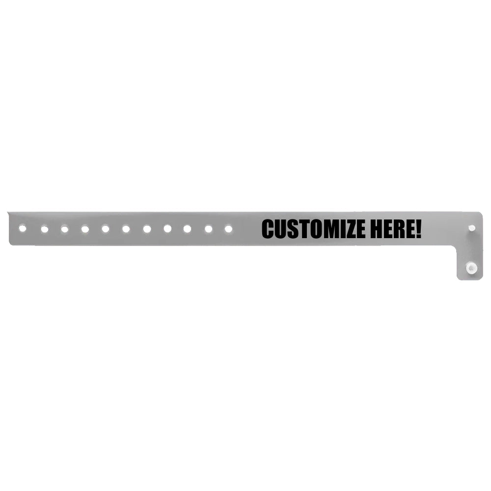 vinyl regular wristband in silver with black text "CUSTOMIZE HERE!" - shown in flat 