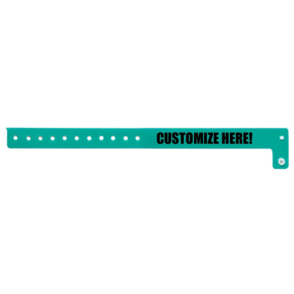 vinyl regular wristband in teal with black text "CUSTOMIZE HERE!" - shown in flat 