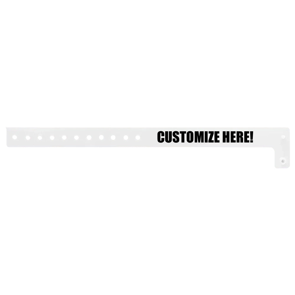 vinyl regular wristband in white with black text "CUSTOMIZE HERE!" - shown in flat 