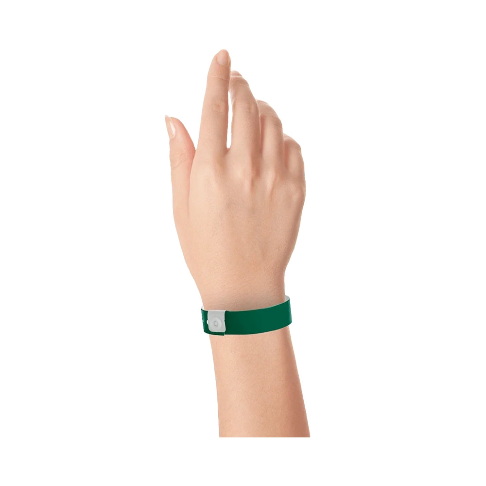 vinyl regular wristband in forest green - shown on wrist