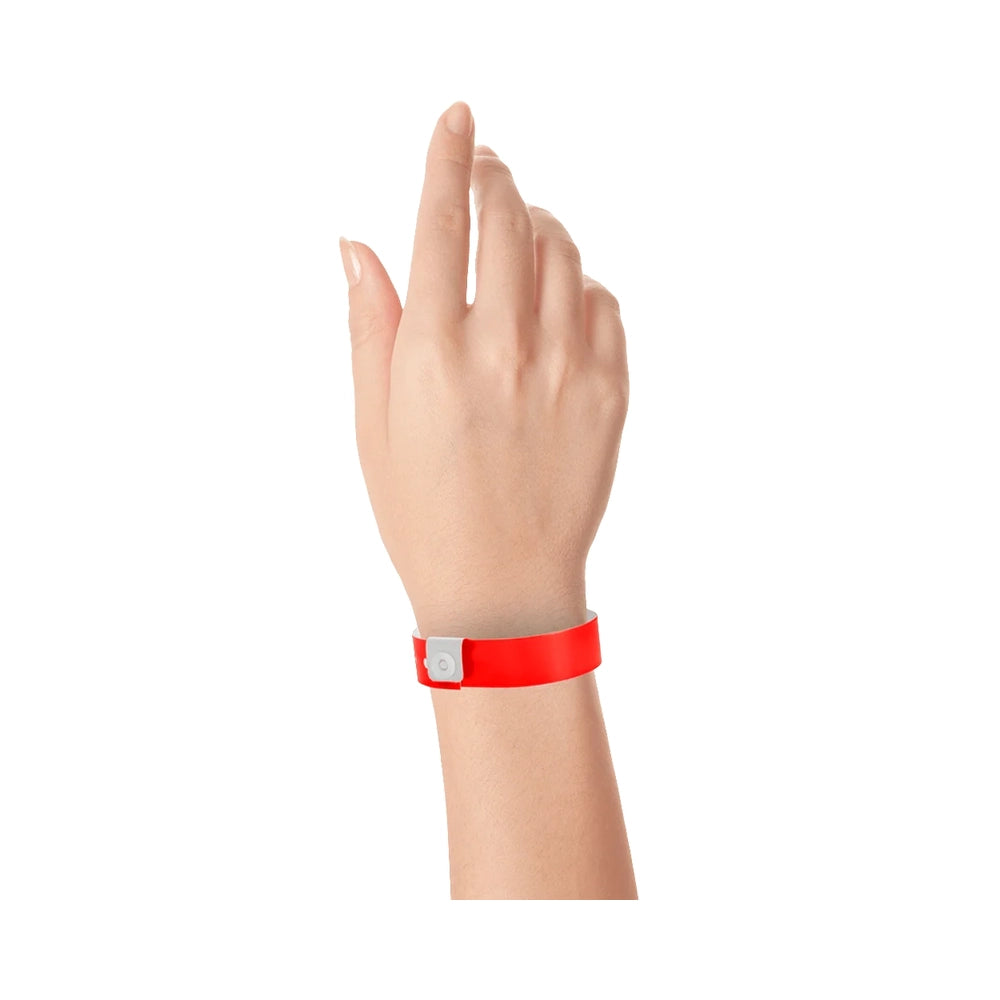 vinyl regular wristband in neon red - shown on wrist