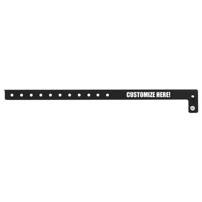 vinyl slim wristband in black with white text "CUSTOMIZE HERE!" - flat version shown 
