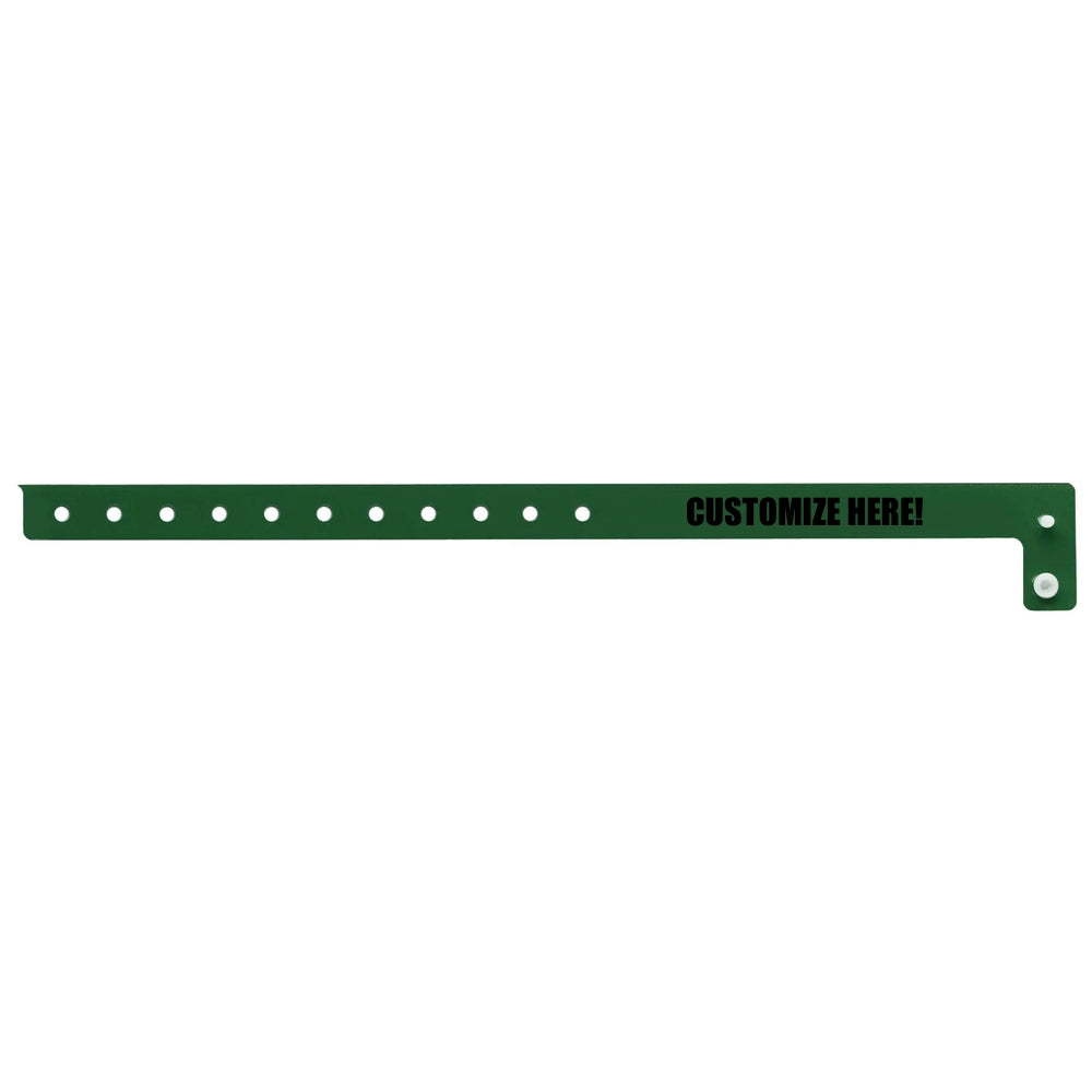vinyl slim wristband in forest green with black text "CUSTOMIZE HERE!" - flat version shown 