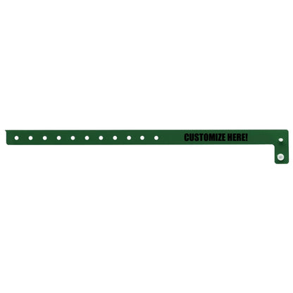 vinyl slim wristband in forest green with black text "CUSTOMIZE HERE!" - flat version shown 