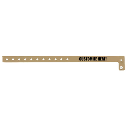 vinyl slim wristband in gold with black text "CUSTOMIZE HERE!" - flat version shown 