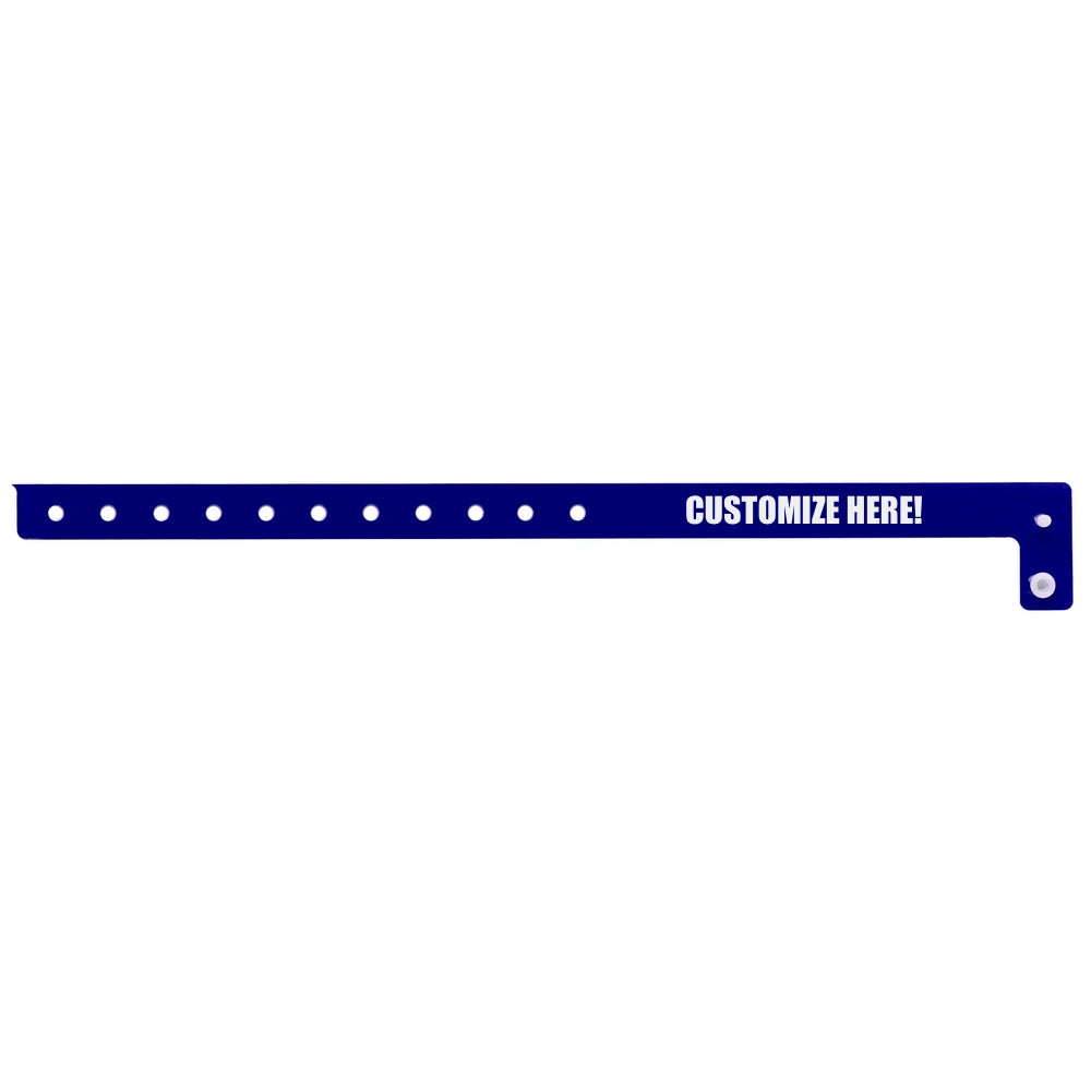 vinyl slim wristband in navy blue with white text "CUSTOMIZE HERE!" - flat version shown 