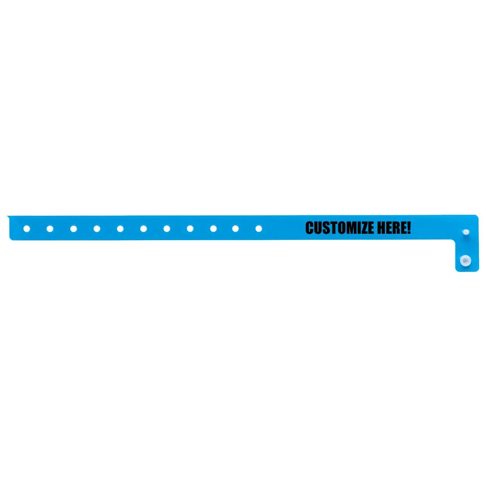 vinyl slim wristband in neon blue with black text "CUSTOMIZE HERE!" - flat version shown 
