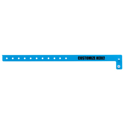 vinyl slim wristband in neon blue with black text "CUSTOMIZE HERE!" - flat version shown 