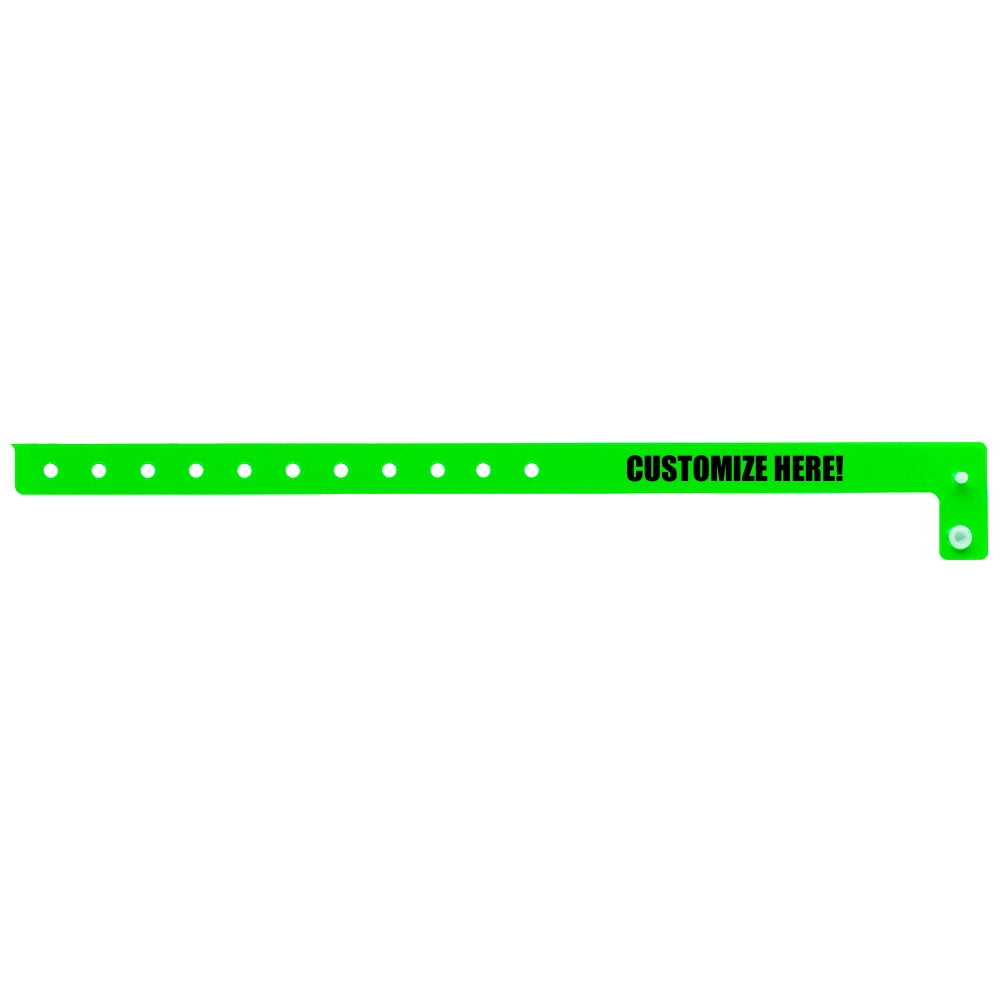 vinyl slim wristband in neon green with black text "CUSTOMIZE HERE!" - flat version shown 
