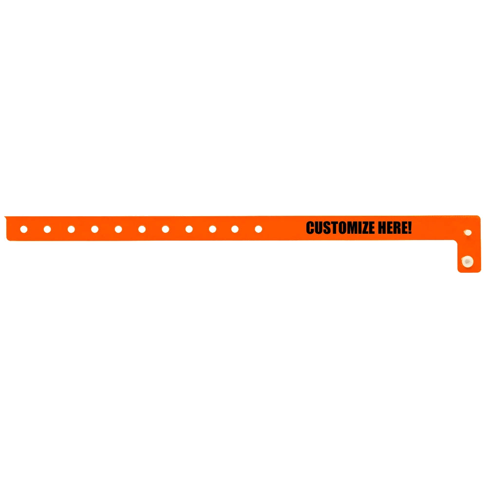 vinyl slim wristband in orange with black text "CUSTOMIZE HERE!" - flat version shown 