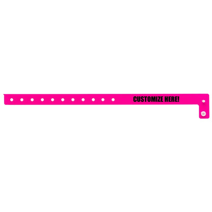 vinyl slim wristband in neon pink with black text "CUSTOMIZE HERE!" - flat version shown 