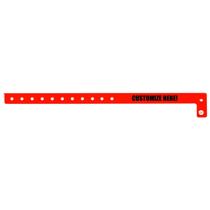 vinyl slim wristband in neon red with black text "CUSTOMIZE HERE!" - flat version shown 