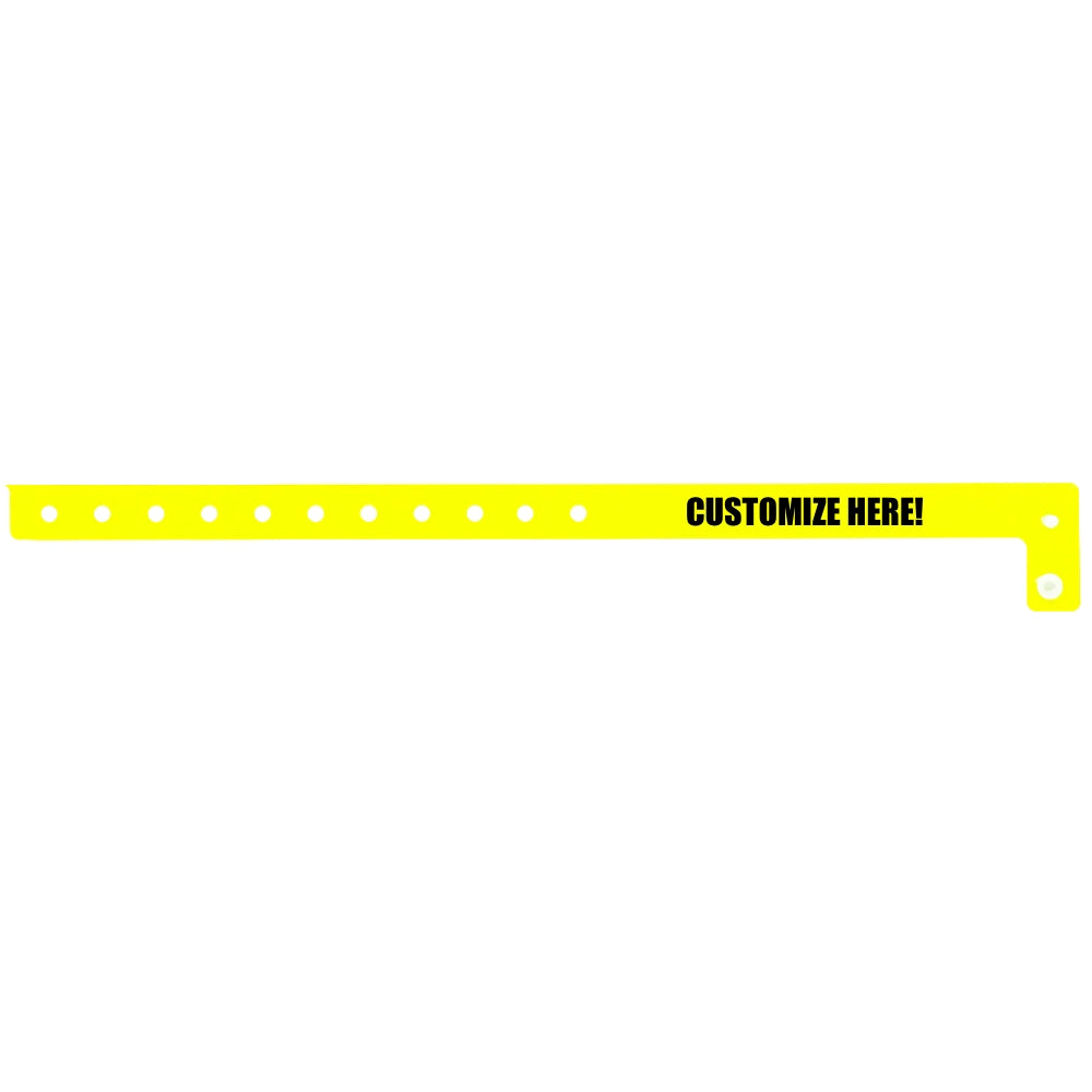 vinyl slim wristband in neon yellow with black text "CUSTOMIZE HERE!" - flat version shown 