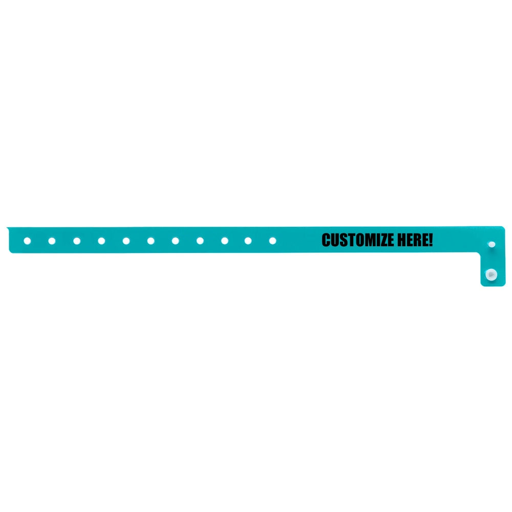 vinyl slim wristband in teal with black text "CUSTOMIZE HERE!" - flat version shown 