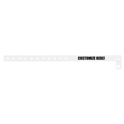 vinyl slim wristband in white with black text "CUSTOMIZE HERE!" - flat version shown 