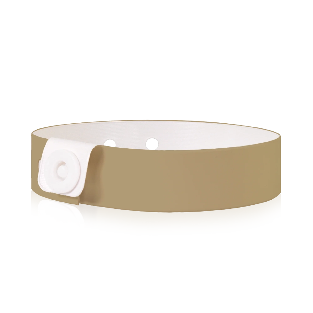 vinyl slim wristband in gold - round version shown 