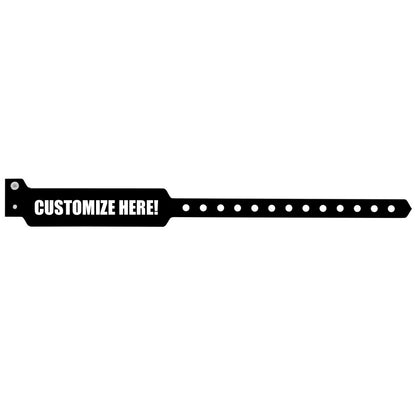 vinyl wide face wristband in black with white text "CUSTOMIZE HERE!" - shown in flat 