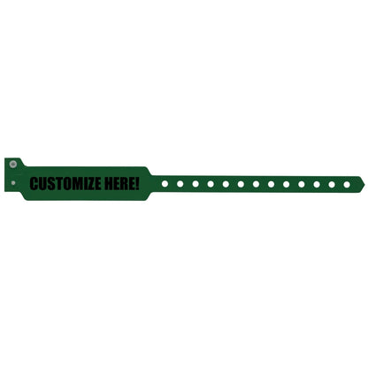 vinyl wide face wristband in forest green with black text "CUSTOMIZE HERE!" - shown in flat 