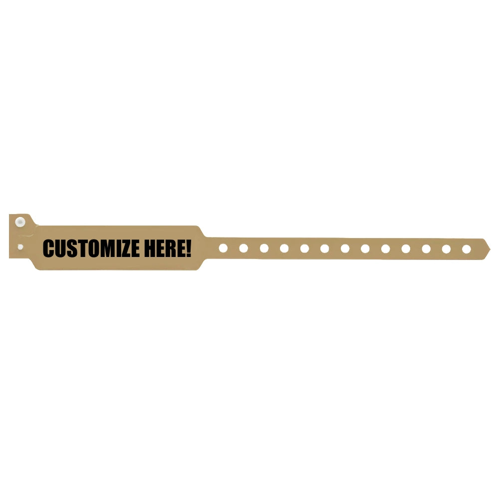 vinyl wide face wristband in gold with black text "CUSTOMIZE HERE!" - shown in flat 
