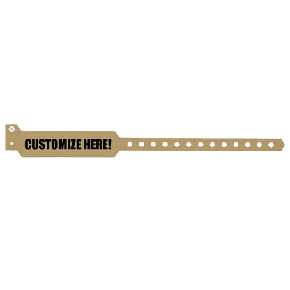 vinyl wide face wristband in gold with black text "CUSTOMIZE HERE!" - shown in flat 