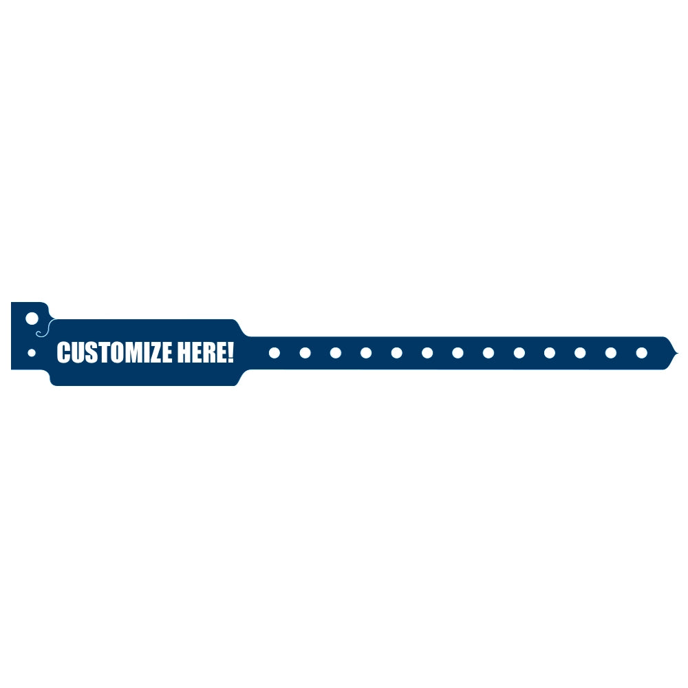 vinyl wide face wristband in navy blue with white text "CUSTOMIZE HERE!" - shown in flat 